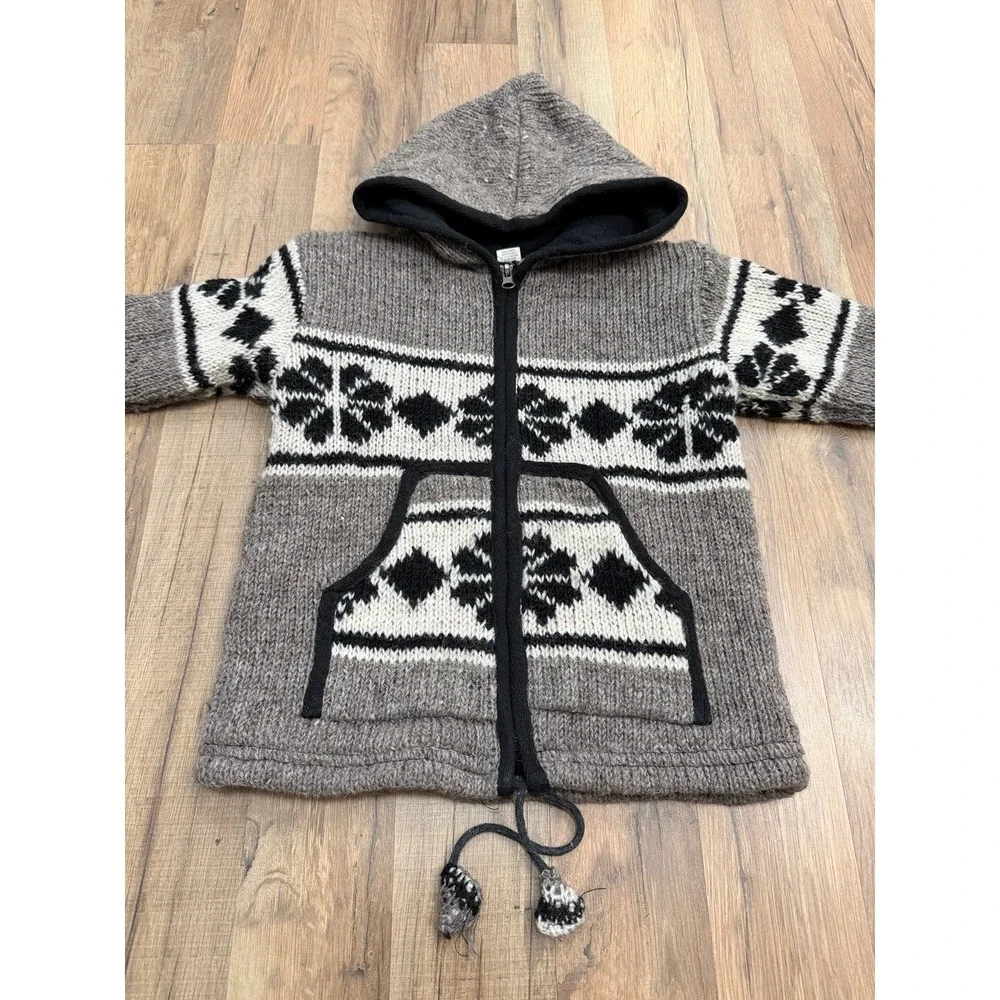 Handmade 100% Wool Zip Up Hoodie Andean‎ Sweater Gray Nepal Size L